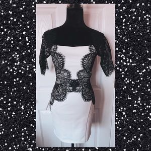 NWT Bebe White Dress with Black Lace Overlay